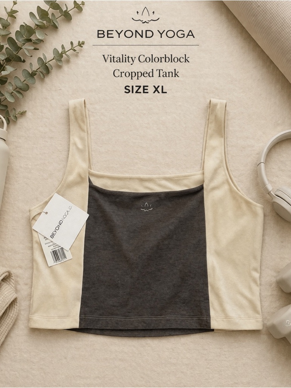 Beyond Yoga Vitality Colorblock Cropped Tank in Cream and Gray Sz XL NWT